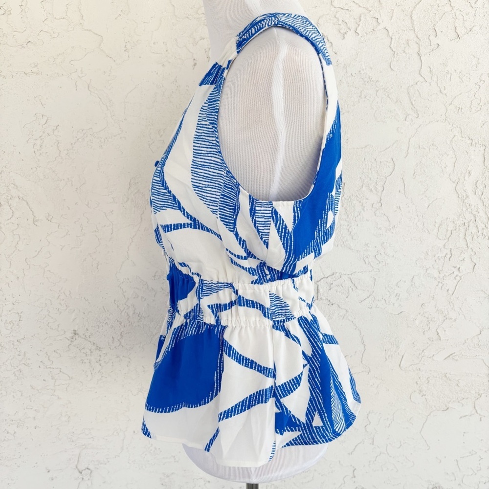 Nine West Blouse Size M Blue White Abstract Print V-Neck Peplum Sleeveless Top - Picture 4 of 11